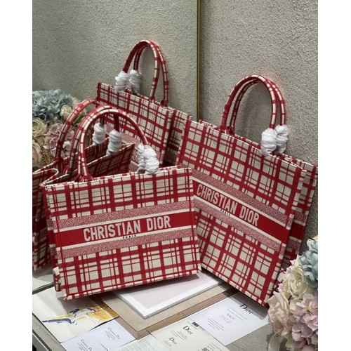 Dior Book Tote Check'n'Dior Embroidery 1286 Red Dior Book Tote Check'n'Dior Embroidery 1286 Red