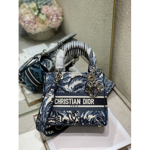 Dior Medium Lady D-Lite Bag Blue Dior Palms Embroidery Dior Medium Lady D-Lite Bag Blue Dior Palms Embroidery