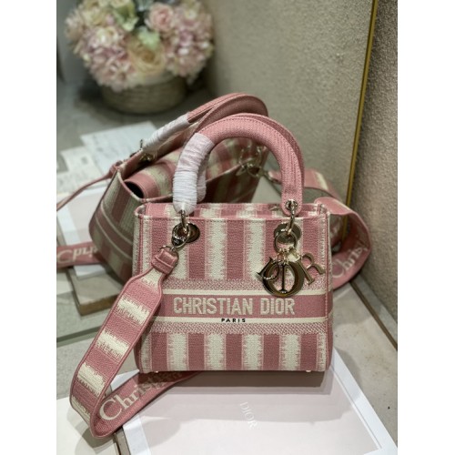 Dior Medium Lady D-Lite Bag Pink D-Stripes Embroidery Dior Medium Lady D-Lite Bag Pink D-Stripes Embroidery