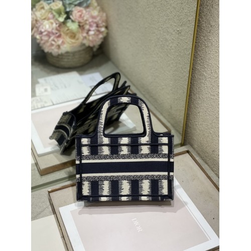 Dior Mini Book Tote D-Stripes Embroidery In Dark Blue Dior Mini Book Tote D-Stripes Embroidery In Dark Blue