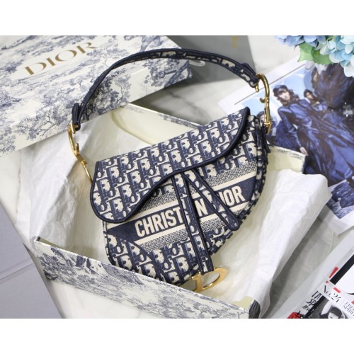 Dior Oblique Saddle Bag M0446 Embroidery Blue Dior Oblique Saddle Bag M0446 Embroidery Blue