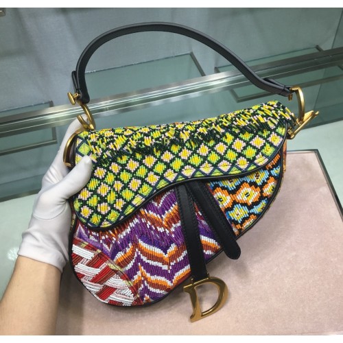 Dior Saddle Bag Embroidery Bead Yellow Dior Saddle Bag Embroidery Bead Yellow