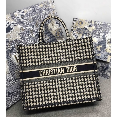 Dior Book Tote Black and White Houndstooth Embroidery Dior Book Tote Black and White Houndstooth Embroidery