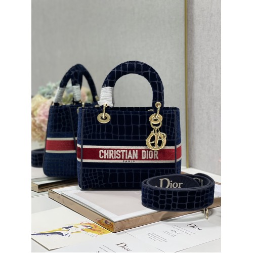Dior Medium Lady D-Lite Bag Blue Velvet Cannage Embroidery Dior Medium Lady D-Lite Bag Blue Velvet Cannage Embroidery