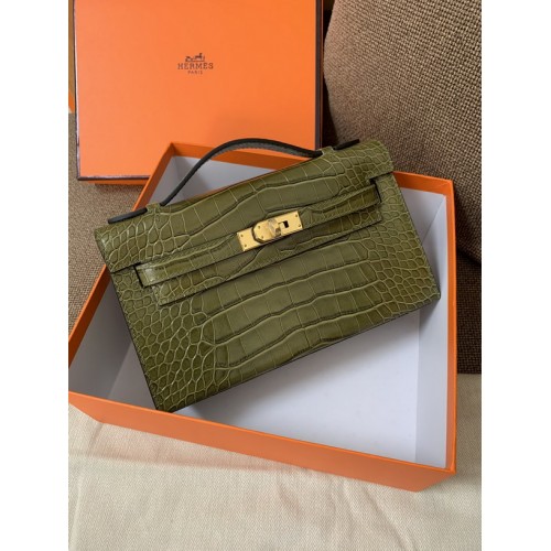Hermes Kelly Bag 22CM Crocodile Stripe Grass Green Hermes Kelly Bag 22CM Crocodile Stripe Grass Green