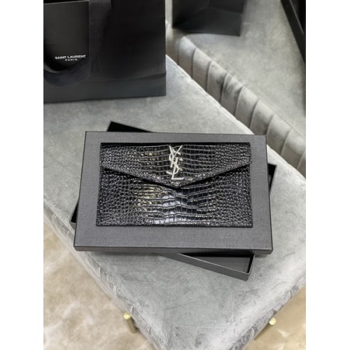 Saint Laurent Uptown Pouch In Crocodile Embossed Shiny Leather 565739 Black Saint Laurent Uptown Pouch In Crocodile Embossed Shiny Leather 565739 Black