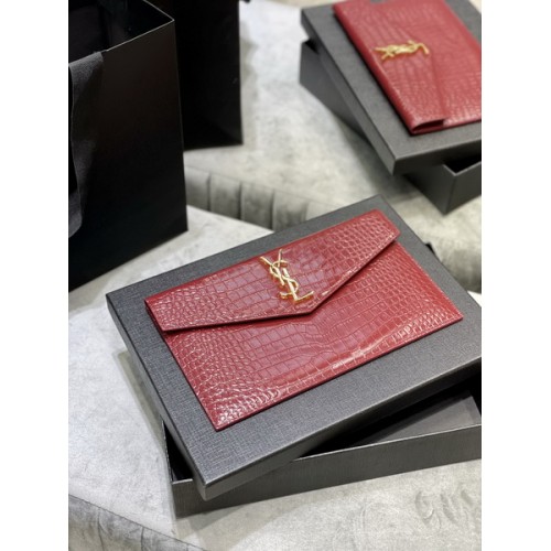 Saint Laurent Uptown Pouch In Crocodile Embossed Shiny Leather 565739 Red Saint Laurent Uptown Pouch In Crocodile Embossed Shiny Leather 565739 Red