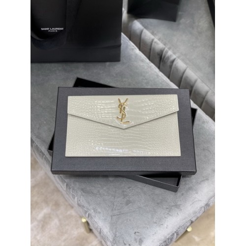Saint Laurent Uptown Pouch In Crocodile Embossed Shiny Leather 565739 White Saint Laurent Uptown Pouch In Crocodile Embossed Shiny Leather 565739 White