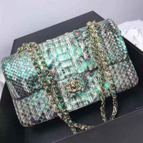 Chanel 1112 Flap Shoulder Bag Authentic Python Leather Green Chanel 1112 Flap Shoulder Bag Authentic Python Leather Green