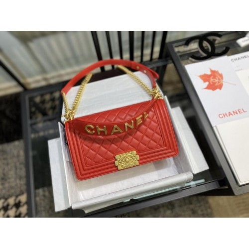 Chanel Le Boy Flap Bag Lambskin With Handle Red Chanel Le Boy Flap Bag Lambskin With Handle Red