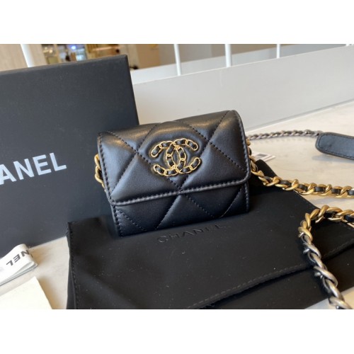 Chanel 19 Flap Coin Purse With Chain Shiny Goatskin AP1787 Black Chanel 19 Flap Coin Purse With Chain Shiny Goatskin AP1787 Black