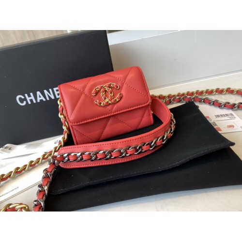 Chanel 19 Flap Coin Purse With Chain Shiny Goatskin AP1787 Red Chanel 19 Flap Coin Purse With Chain Shiny Goatskin AP1787 Red