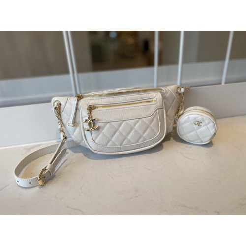 Chanel AGED Calfskin Waist Bag AS1077 White Chanel AGED Calfskin Waist Bag AS1077 White