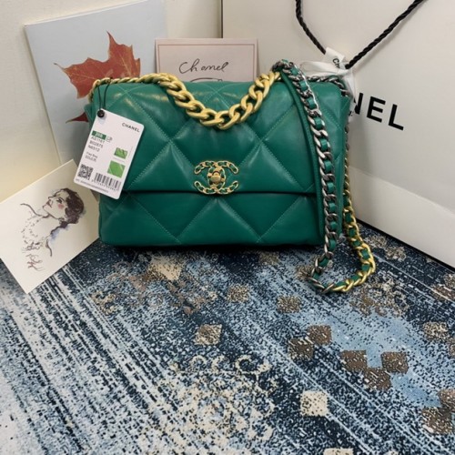Chanel 19 Large Flap Bag Lambskin Gold-Tone Green Chanel 19 Large Flap Bag Lambskin Gold-Tone Green
