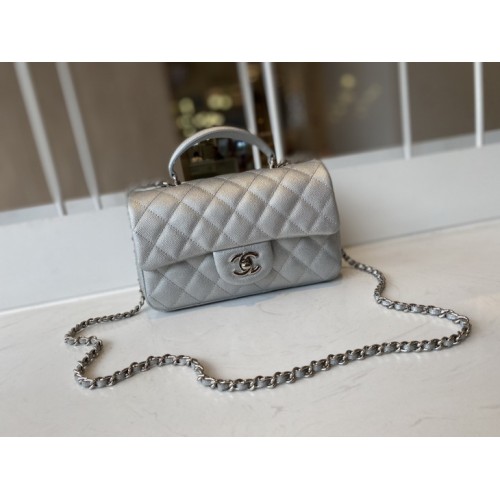 Chanel Mini Flap Bag with Top Handle Calfskin & Silver-Tone Metal Silver Chanel Mini Flap Bag with Top Handle Calfskin & Silver-Tone Metal Silver