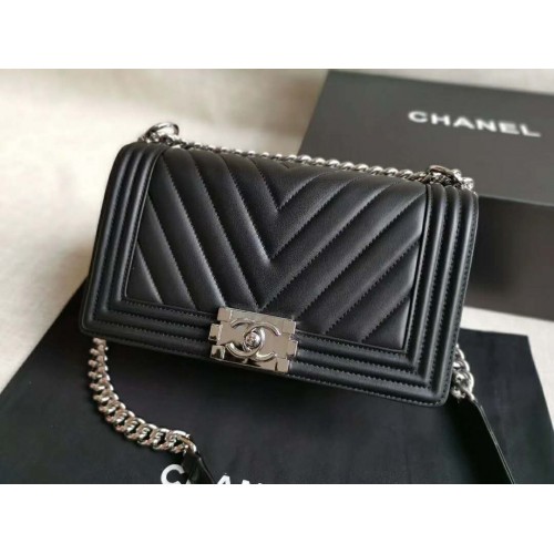 Chanel Le Boy V line Medium bag black with silver hardware Chanel Le Boy V line Medium bag black with silver hardware