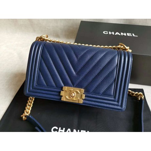 Chanel Le Boy V line Medium bag Caviar navy blue with golden hardware Chanel Le Boy V line Medium bag Caviar navy blue with golden hardware