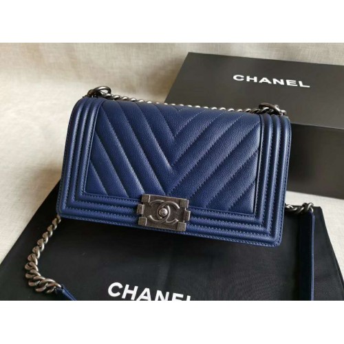 Chanel Le Boy V line Medium bag Caviar navy blue with golden hardware Chanel Le Boy V line Medium bag Caviar navy blue with golden hardware