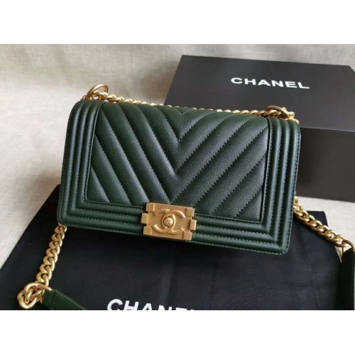 Chanel Le Boy V line Medium bag Caviar dark green with golden hardware Chanel Le Boy V line Medium bag Caviar dark green with golden hardware