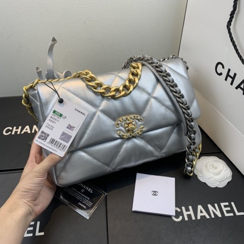Chanel 19 Large Flap Bag Lambskin Silver Chanel 19 Large Flap Bag Lambskin Silver