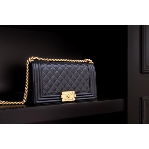 Chanel Le Boy Flap Bag Quilted Caviar bag Medium Black/Golden 67085 Chanel Le Boy Flap Bag Quilted Caviar bag Medium Black/Golden 67085