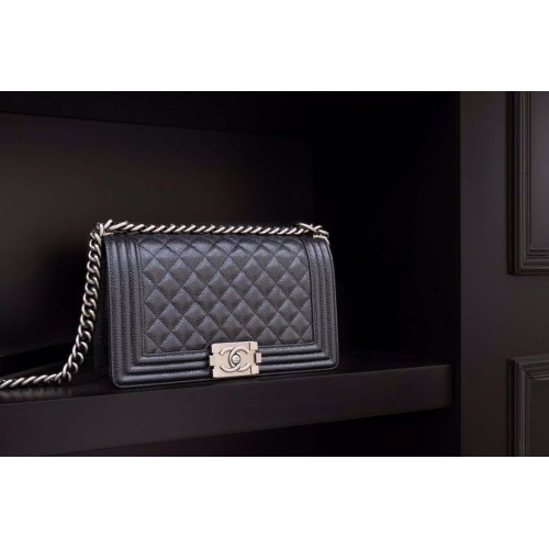 Chanel Le Boy Flap Bag Quilted Caviar bag Medium Black/Silver 67085 Chanel Le Boy Flap Bag Quilted Caviar bag Medium Black/Silver 67085