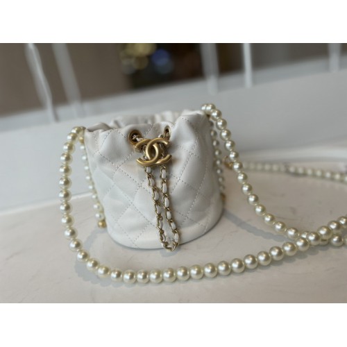 Chanel Mini Drawstring Bag Imitation Pearls AS2529 White Chanel Mini Drawstring Bag Imitation Pearls AS2529 White