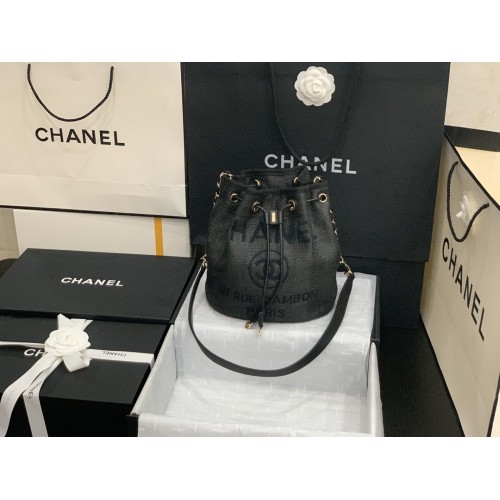 Chane 31 RUE CAMBON Canvas Bucket Bag Black CC Logo A57536 Chane 31 RUE CAMBON Canvas Bucket Bag Black CC Logo A57536