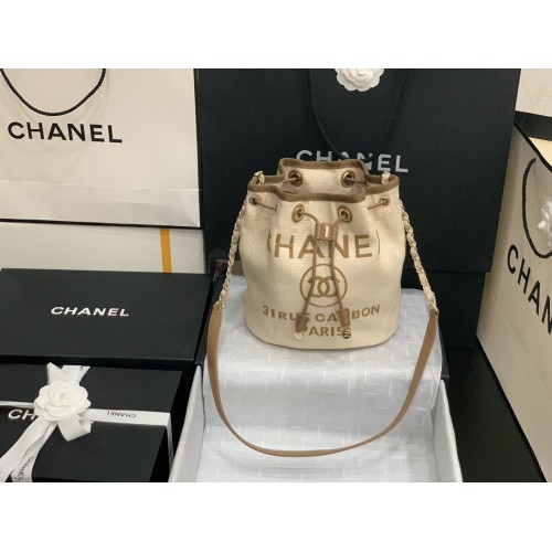 Chane 31 RUE CAMBON Canvas Bucket Bag White CC Logo A57536 Chane 31 RUE CAMBON Canvas Bucket Bag White CC Logo A57536