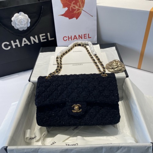 Chanel Black Gold Wool Chain Bag 25cm Chanel Black Gold Wool Chain Bag 25cm