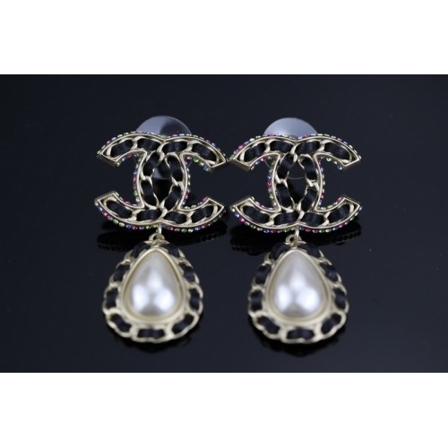 Chanel Black Leather Color Diamond Drop Pearl Stud Earrings Chanel Black Leather Color Diamond Drop Pearl Stud Earrings